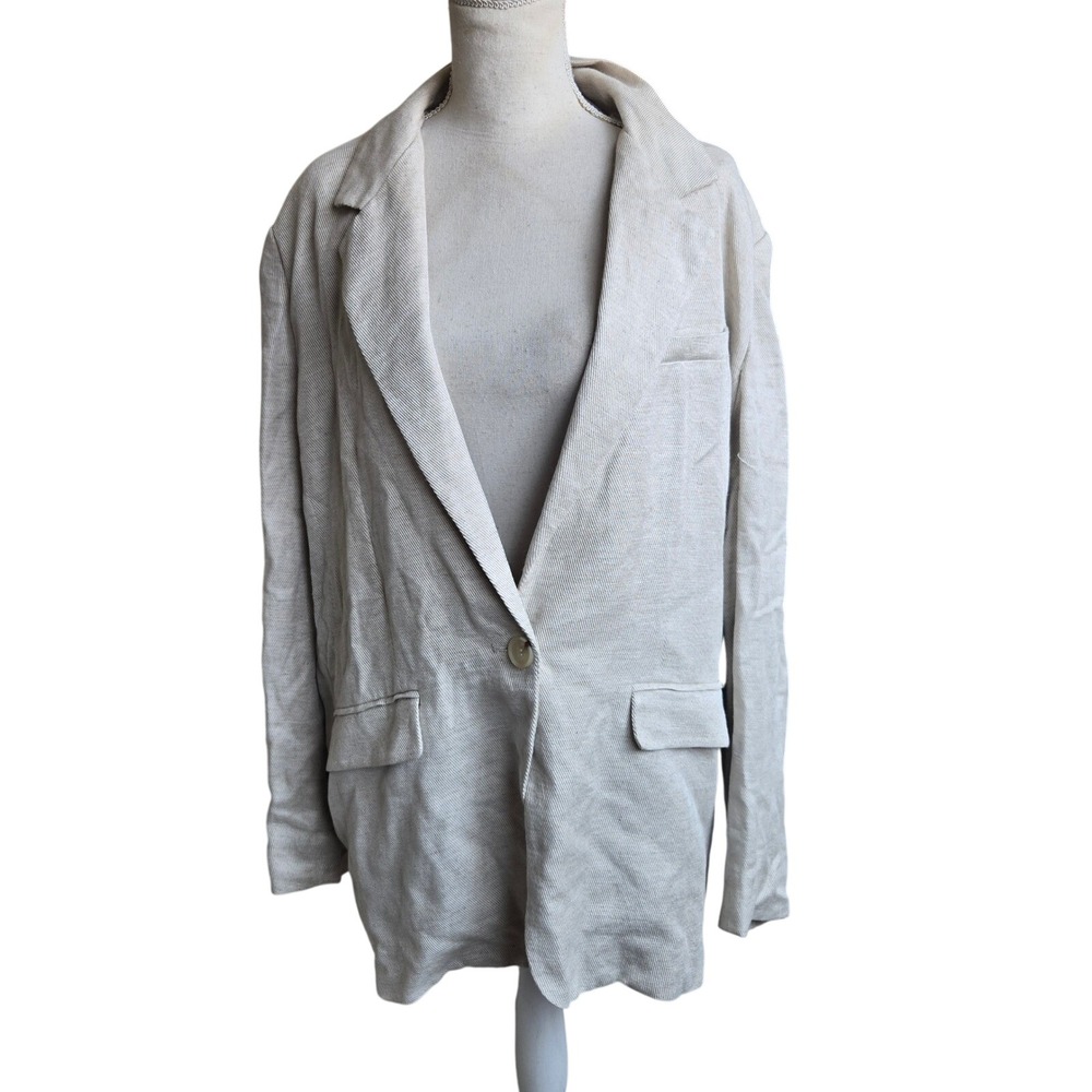 Free People Large Beige Crosby Linen Blazer Notched Collar Single Button